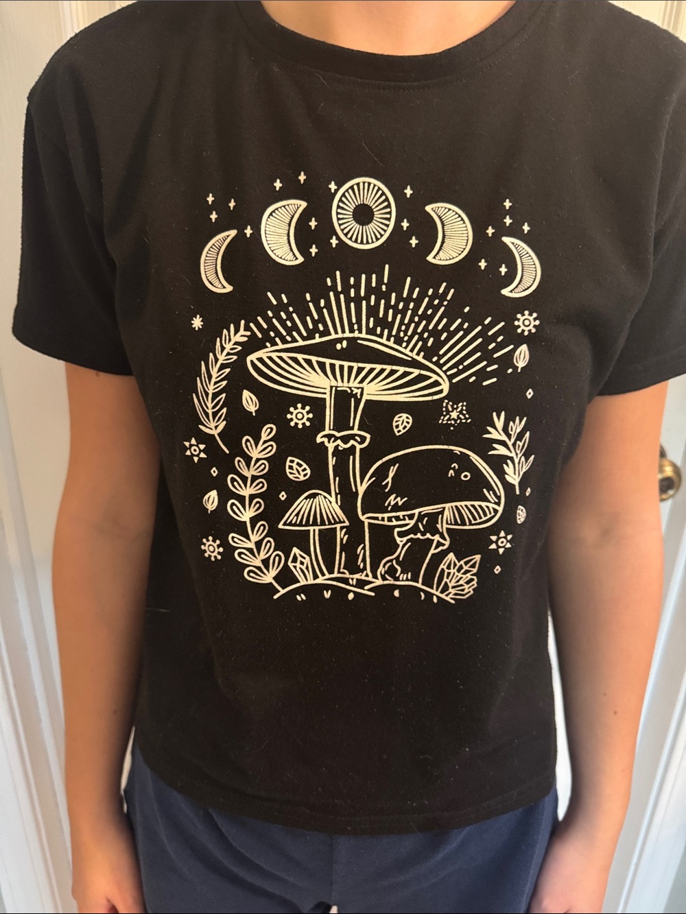 Black Kids Graphic Tee with Moon & Mushroom Design